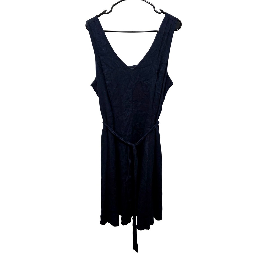 Lands' End Linen Sleeveless V-Neck Midi Dress Tie Waist Navy Blue Women's Size 1